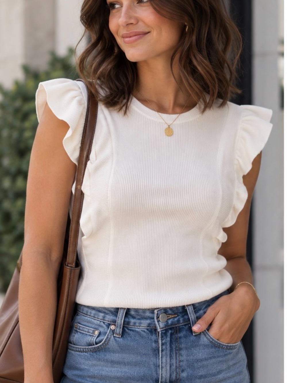 Marie Oliver White Ribbed Flutter Tank Top